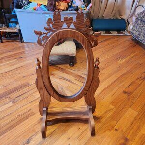 Hand-Carved Oak Vanity Mirror With Ornate Frame  Vintage Oval Design  24" Tall B